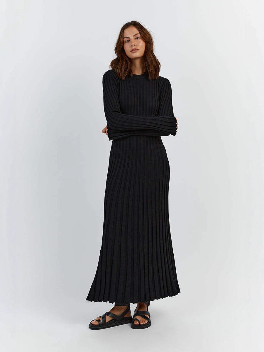 COTTON CASHMERE RIBBED LONG SLEEVE CREW MIDI DRESS