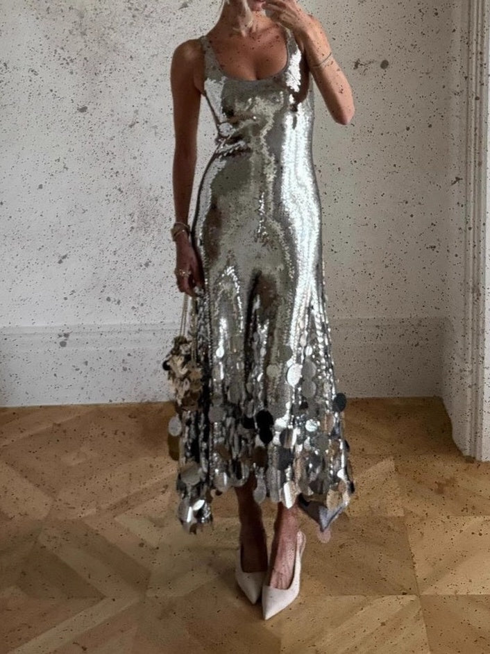 SEQUIN TASSEL BACK CUTOUT TANK MAXI DRESS