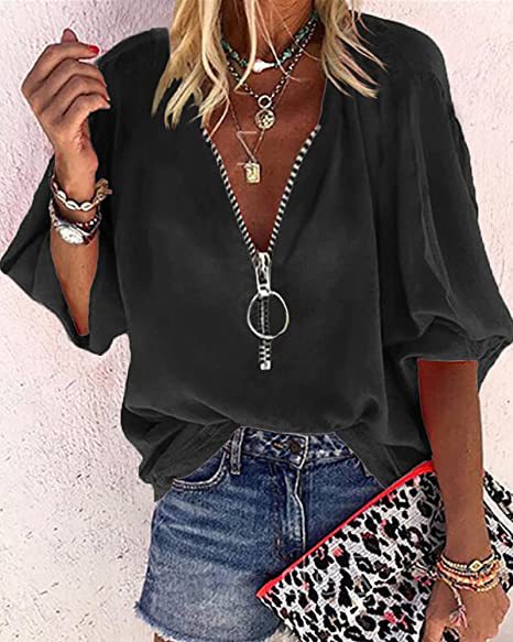 Lunimesd Solid Color V-Neck Zipper Shirt