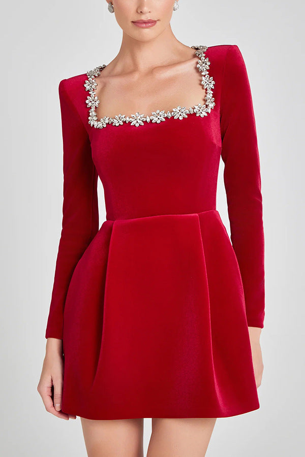 Autumn And Winter Elegant Square Collar Diamond Short Velvet Dress