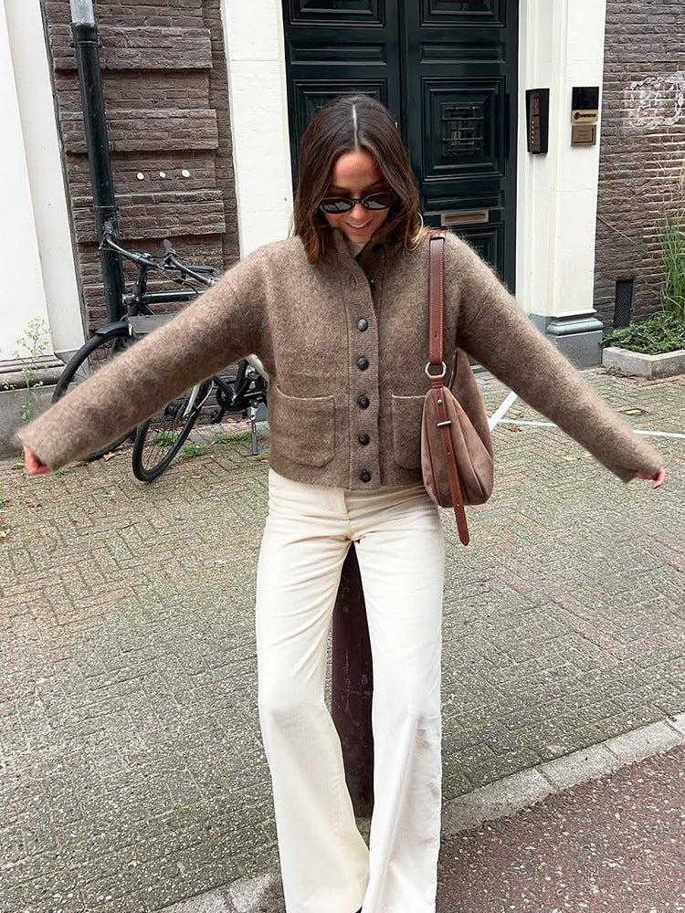 SINGLE-BREASTED FUZZY KNIT JACKET