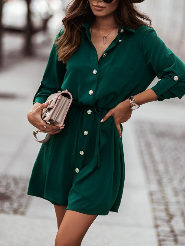 Lunimesd Waist Tie Button Pull Sleeve Dress