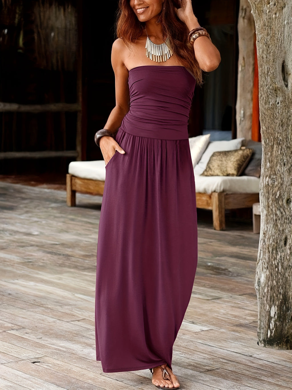 Fashionable Strapless Dress for Women with a Black Light Beige