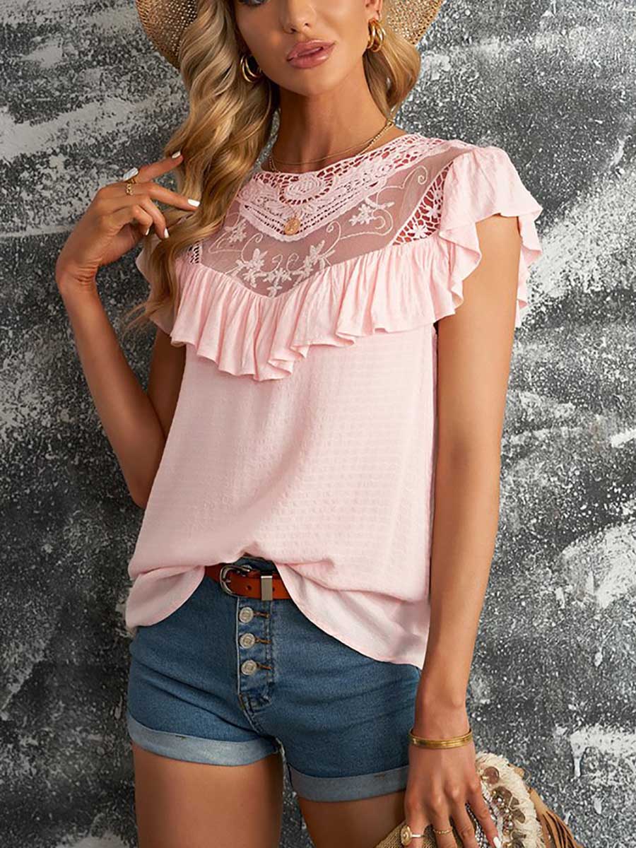Lunimesd Lace Ruffle Round Neck Top