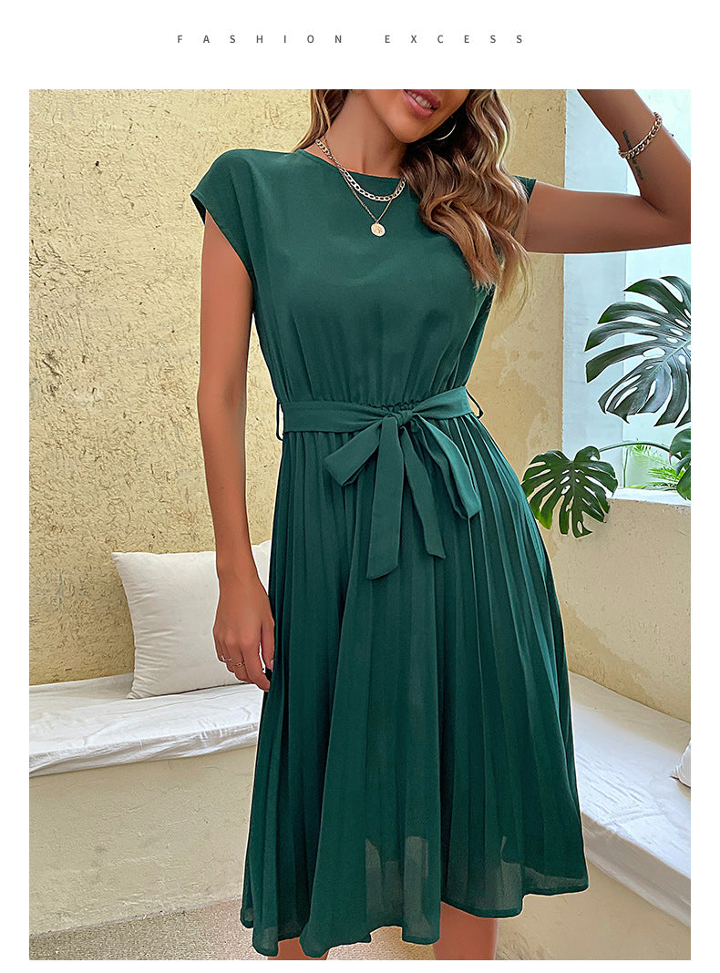 Lunimesd Solid Color Lace-Up Pleated Dress
