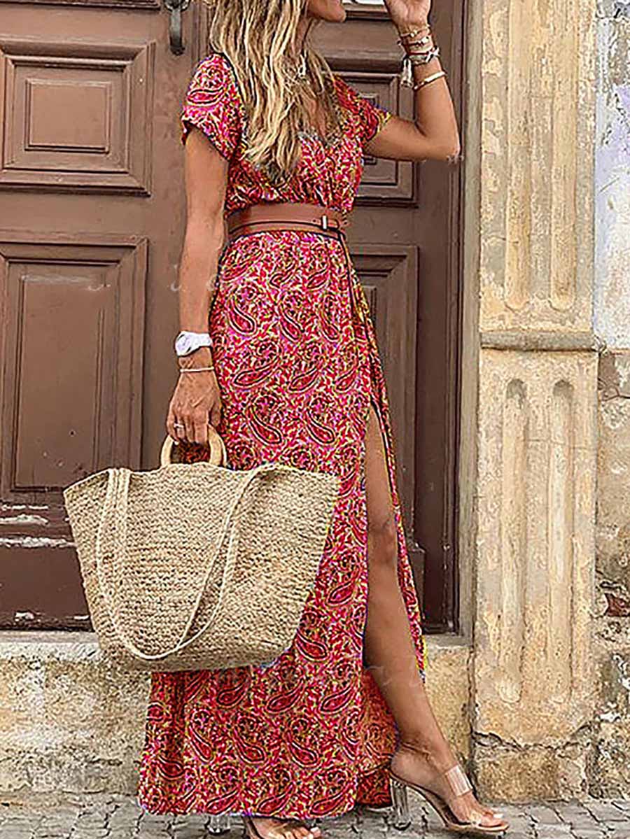 Lunimesd Boho Style V-neck Floral Belt Dress (7 colors)