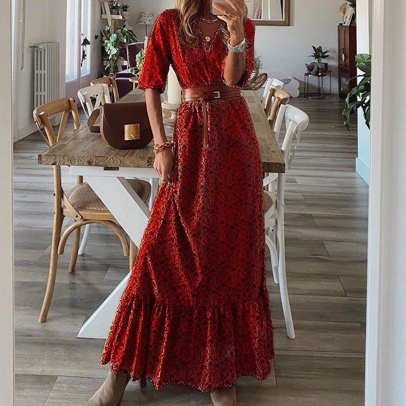 Lunimesd Bohemian Print Short-Sleeved V-Neck Dress