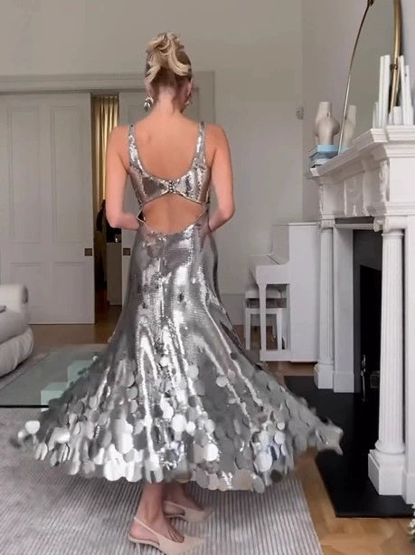 SEQUIN TASSEL BACK CUTOUT TANK MAXI DRESS