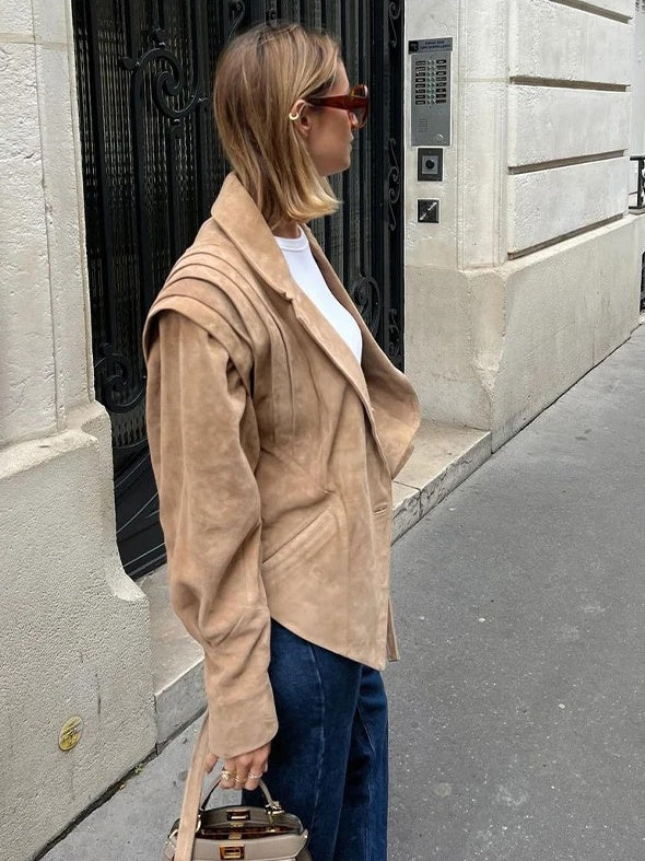 WAIST-CINCHING SHOULDER-PADDED SUEDE JACKET