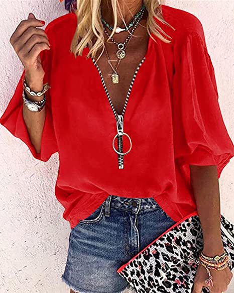 Lunimesd Solid Color V-Neck Zipper Shirt