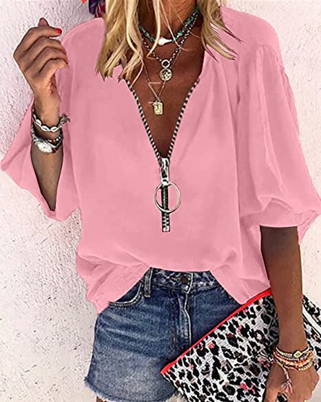 Lunimesd Solid Color V-Neck Zipper Shirt