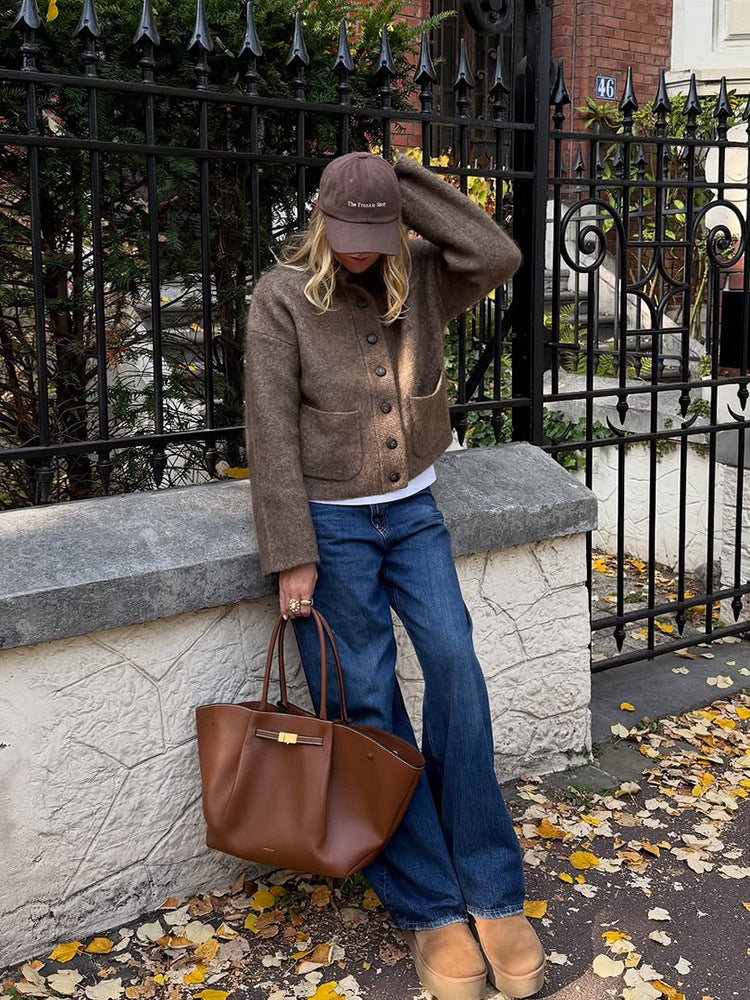 SINGLE-BREASTED FUZZY KNIT JACKET