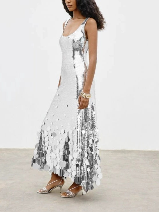 SEQUIN TASSEL BACK CUTOUT TANK MAXI DRESS