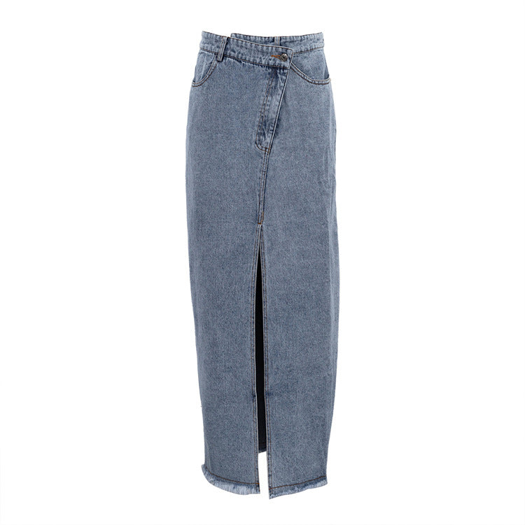 Lunimesd Raw Hem High Slit Maxi Denim Skirt