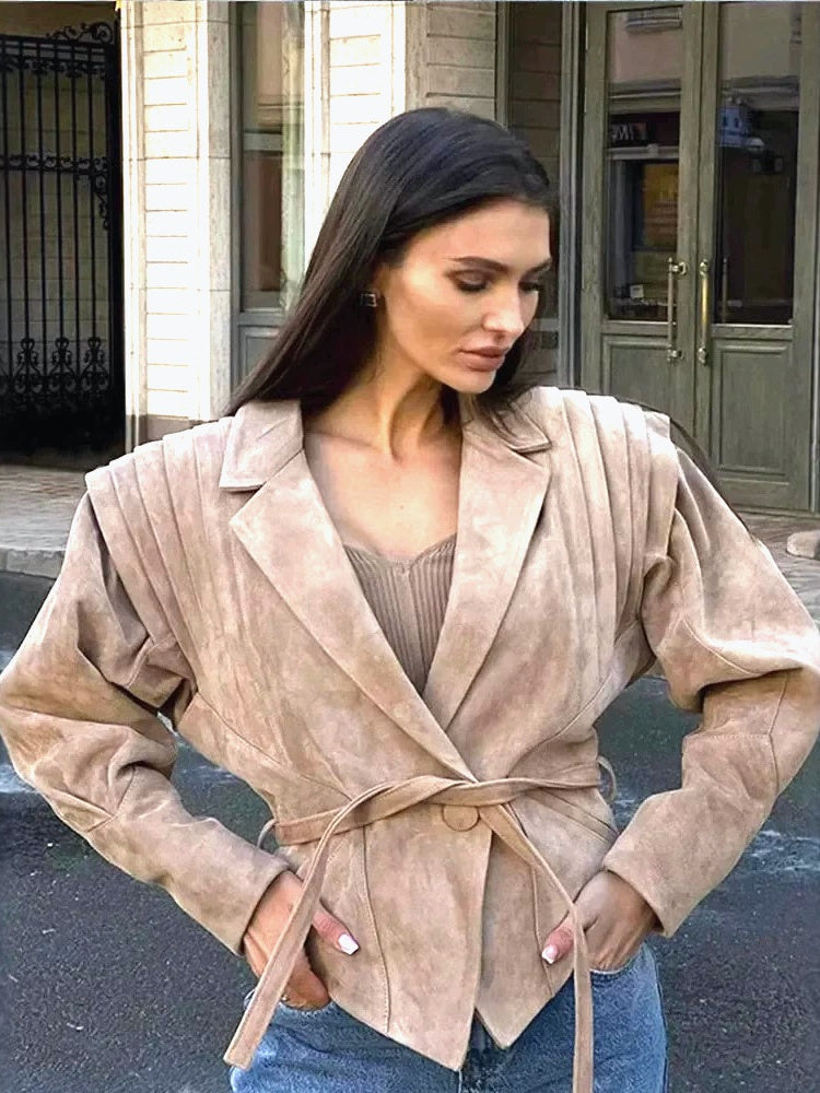 WAIST-CINCHING SHOULDER-PADDED SUEDE JACKET