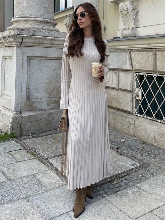 COTTON CASHMERE RIBBED LONG SLEEVE CREW MIDI DRESS