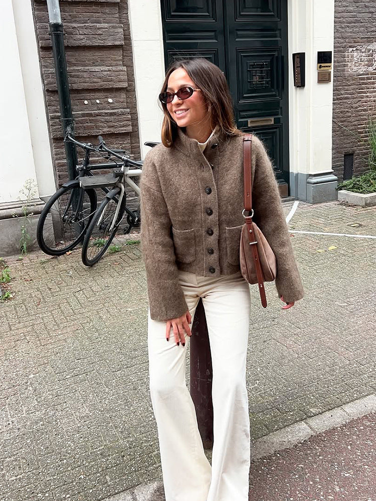 SINGLE-BREASTED FUZZY KNIT JACKET