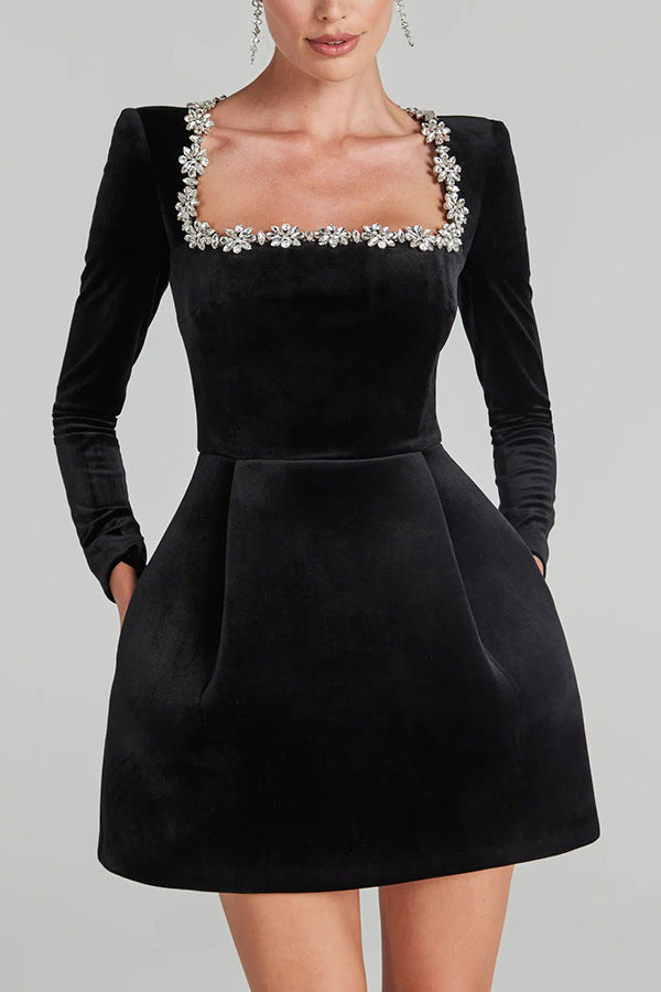 Autumn And Winter Elegant Square Collar Diamond Short Velvet Dress