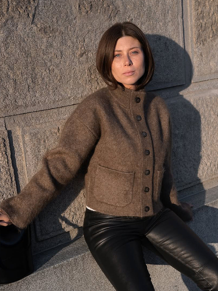 SINGLE-BREASTED FUZZY KNIT JACKET