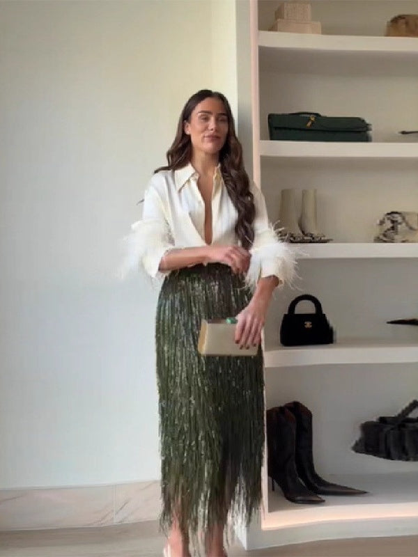 SEQUIN TASSEL HIGH RISE MIDI SKIRT