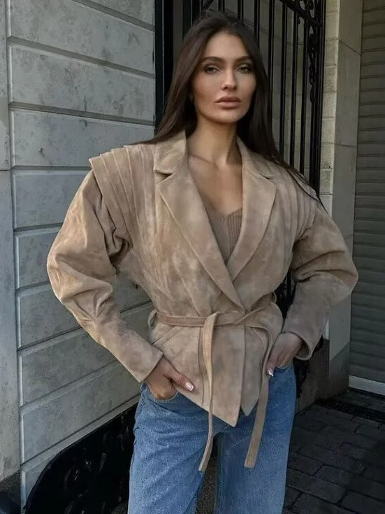 WAIST-CINCHING SHOULDER-PADDED SUEDE JACKET
