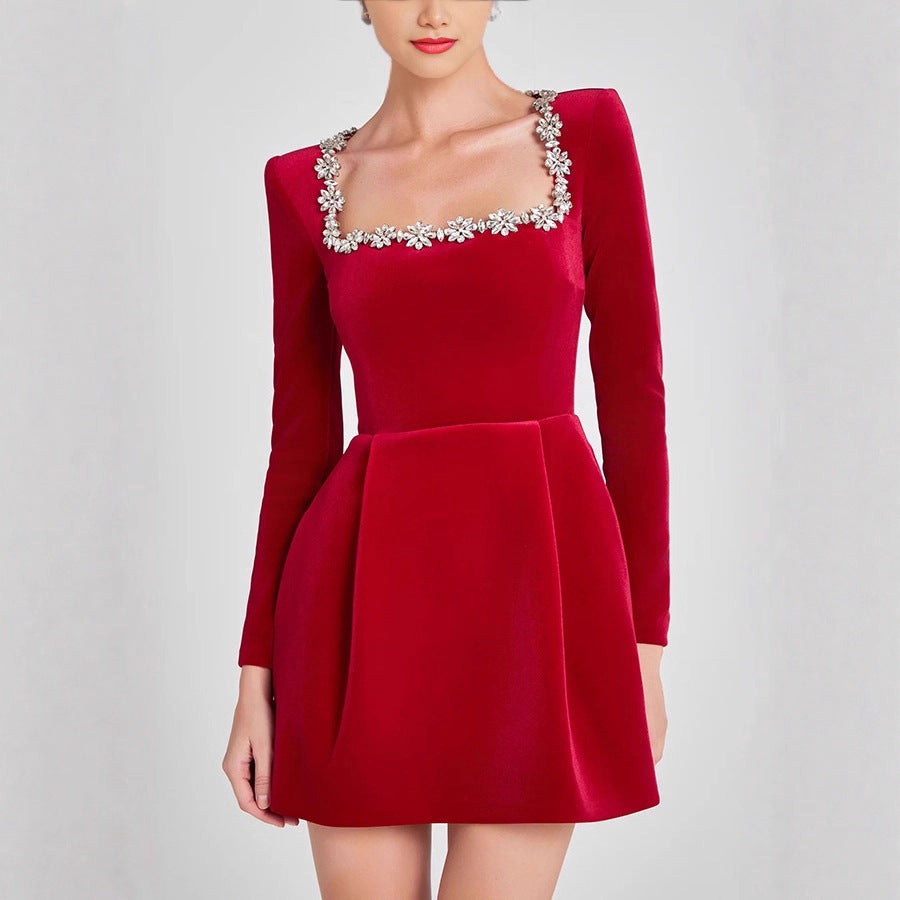 Autumn And Winter Elegant Square Collar Diamond Short Velvet Dress