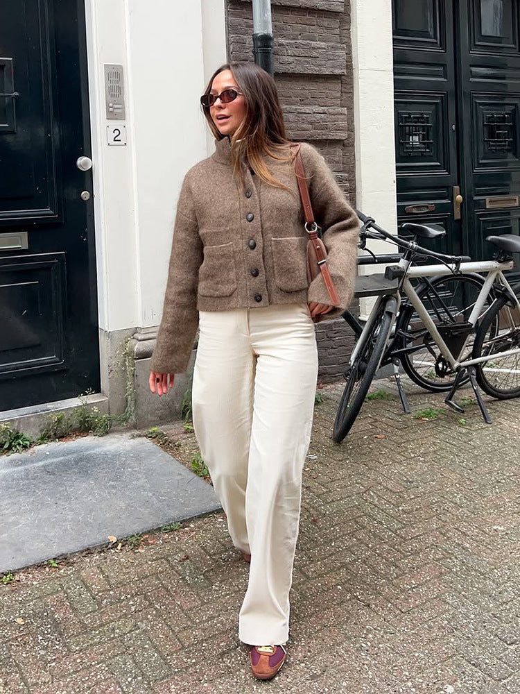 SINGLE-BREASTED FUZZY KNIT JACKET