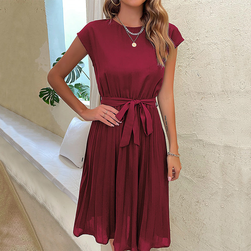 Lunimesd Solid Color Lace-Up Pleated Dress