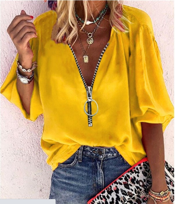 Lunimesd Solid Color V-Neck Zipper Shirt