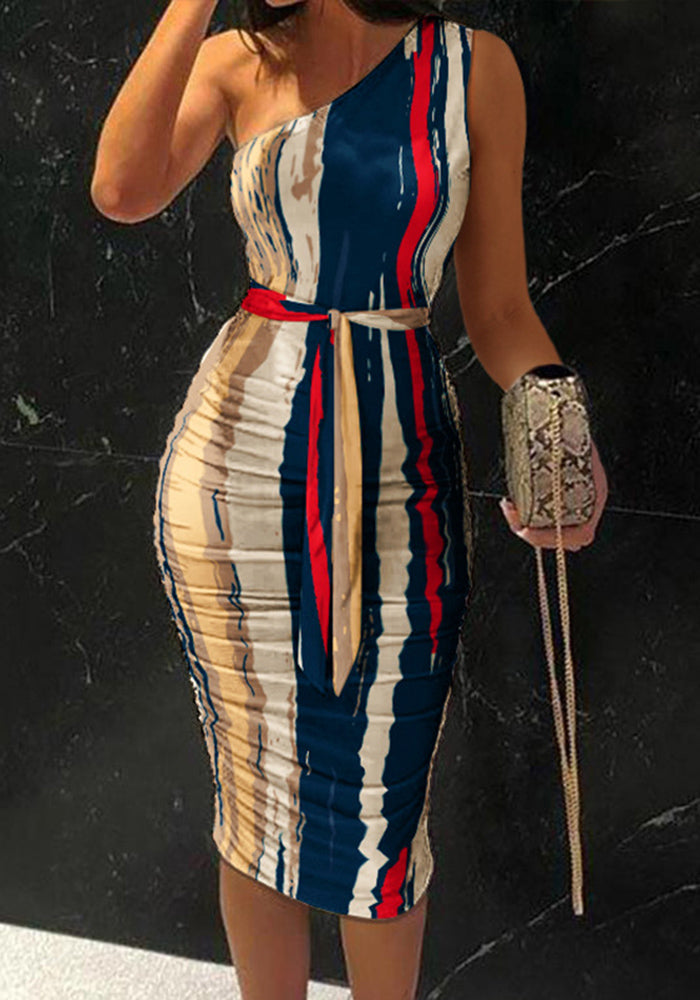 Lunimesd Abstract Print One Shoulder Ruched Bodycon Dress