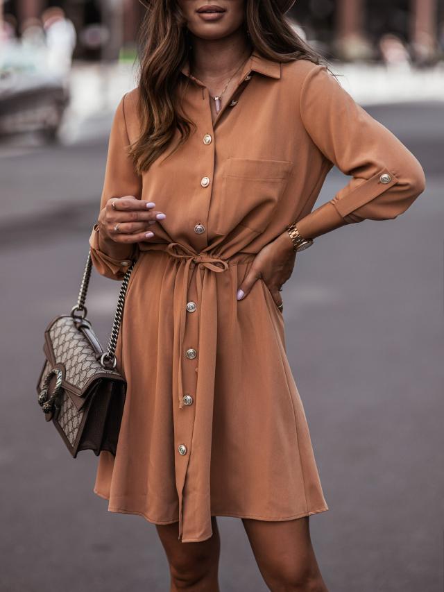 Lunimesd Waist Tie Button Pull Sleeve Dress