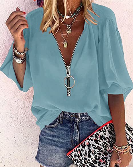 Lunimesd Solid Color V-Neck Zipper Shirt