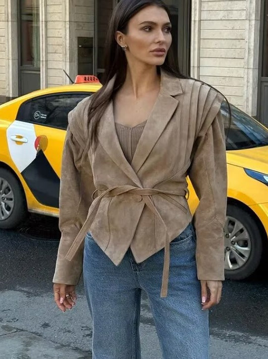 WAIST-CINCHING SHOULDER-PADDED SUEDE JACKET