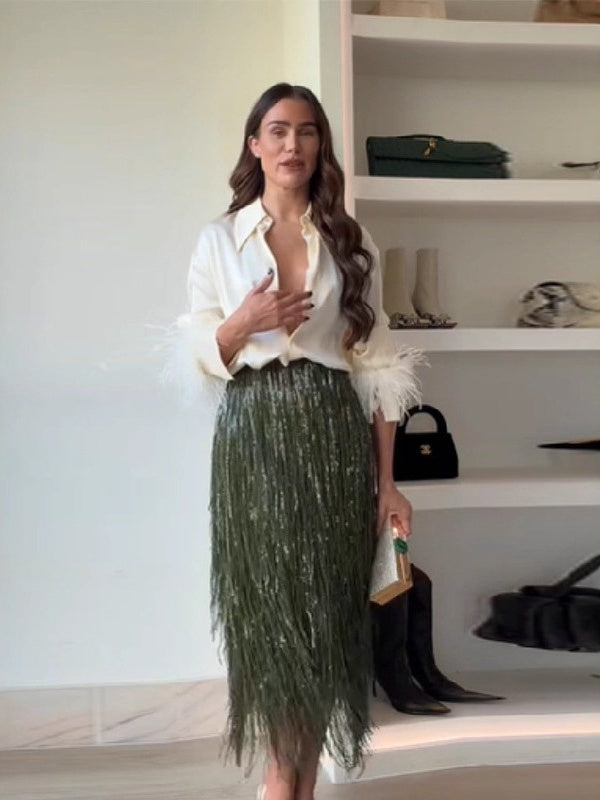 SEQUIN TASSEL HIGH RISE MIDI SKIRT