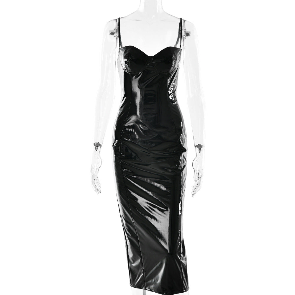 Burgundy PU Leather Bustier Midi Dress