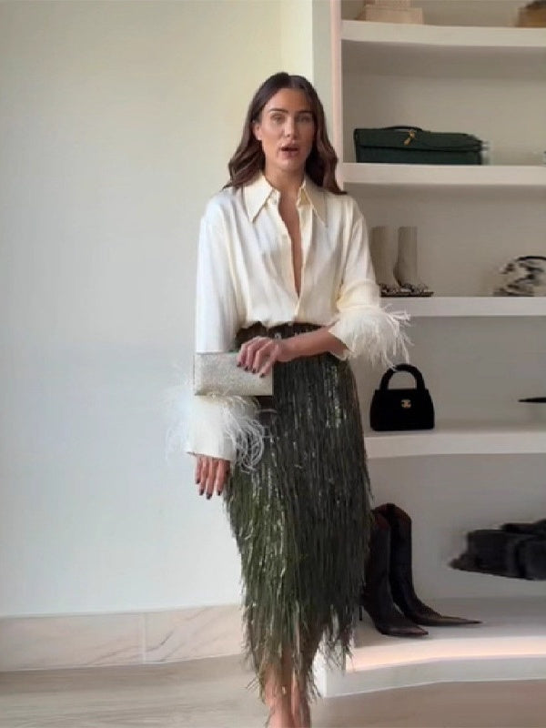 SEQUIN TASSEL HIGH RISE MIDI SKIRT