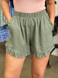 Lunimesd Elastic Waist Wide Leg Ruffle Cotton Linen Shorts