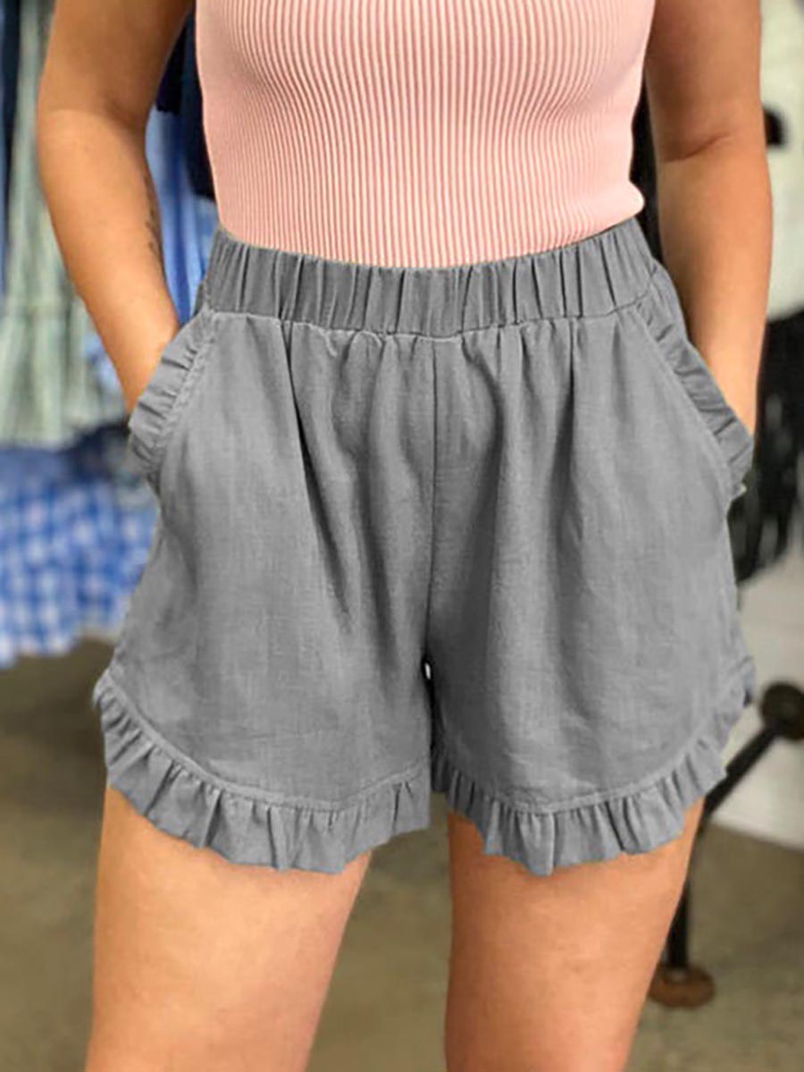 Lunimesd Elastic Waist Wide Leg Ruffle Cotton Linen Shorts