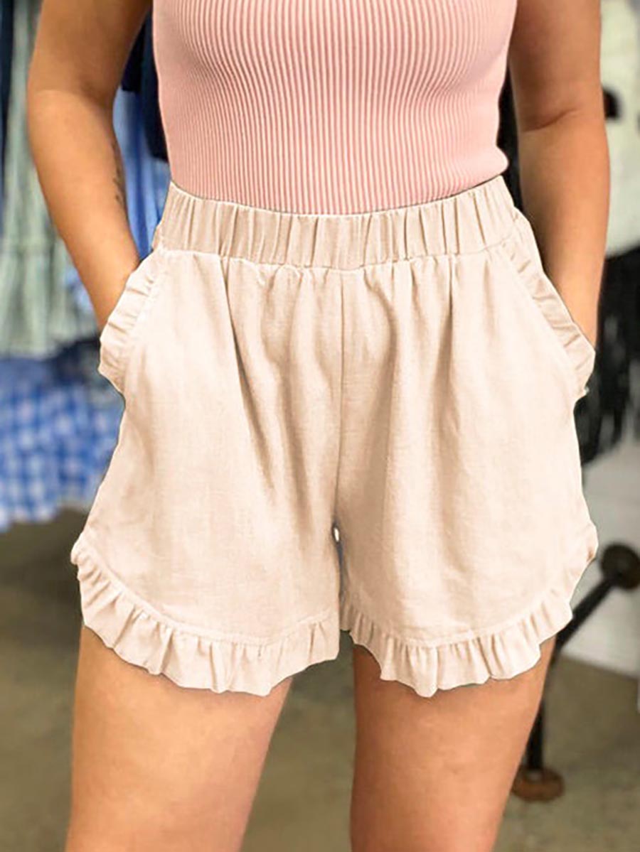 Lunimesd Elastic Waist Wide Leg Ruffle Cotton Linen Shorts