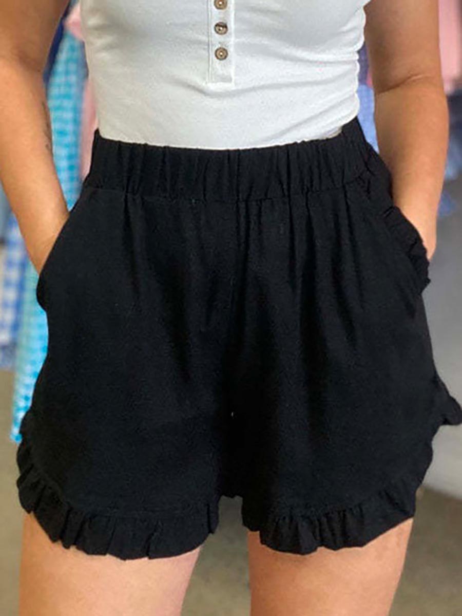 Lunimesd Elastic Waist Wide Leg Ruffle Cotton Linen Shorts