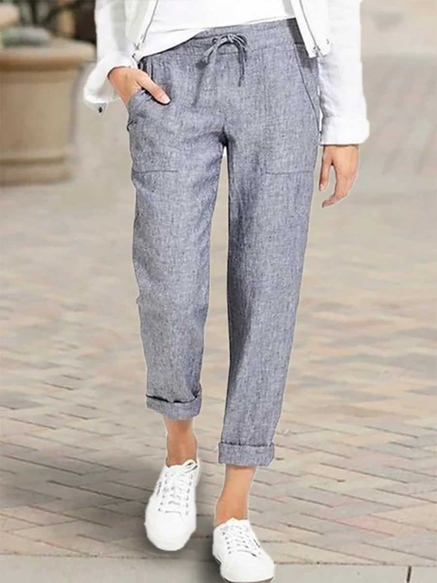 Lunimesd Drawstring High Waist Pocket Loose Large Size Cotton Linen Casual Pants