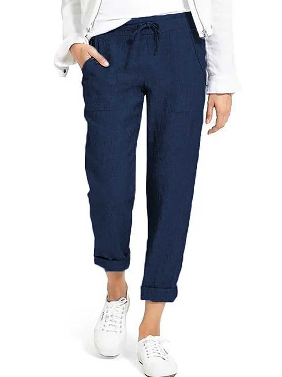 Lunimesd Drawstring High Waist Pocket Loose Large Size Cotton Linen Casual Pants