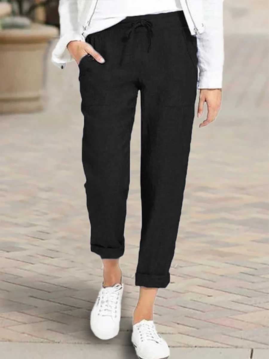 Lunimesd Drawstring High Waist Pocket Loose Large Size Cotton Linen Casual Pants
