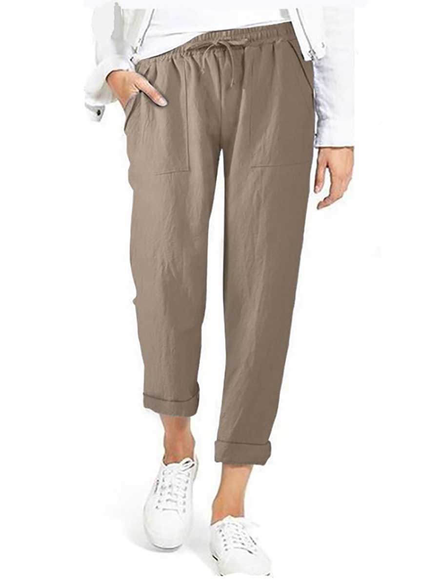 Lunimesd Drawstring High Waist Pocket Loose Large Size Cotton Linen Casual Pants