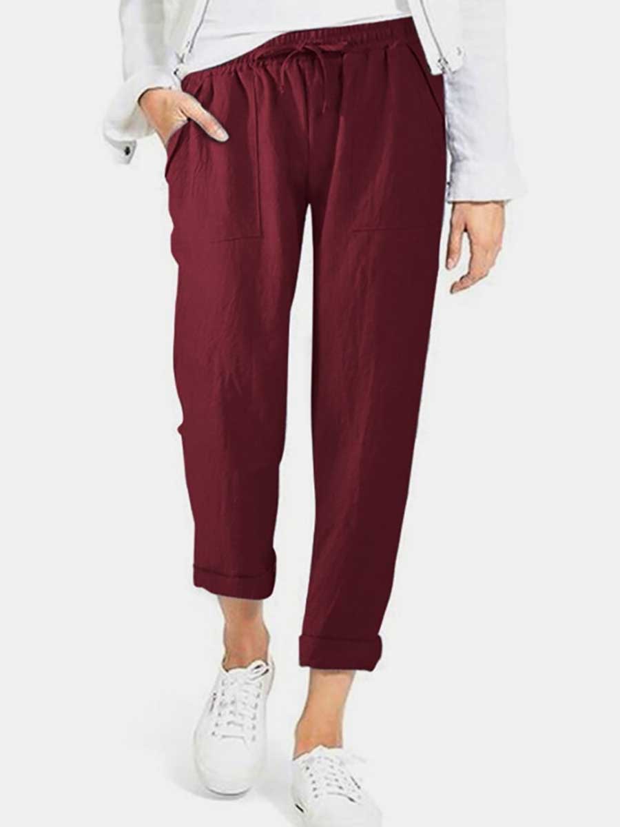 Lunimesd Drawstring High Waist Pocket Loose Large Size Cotton Linen Casual Pants