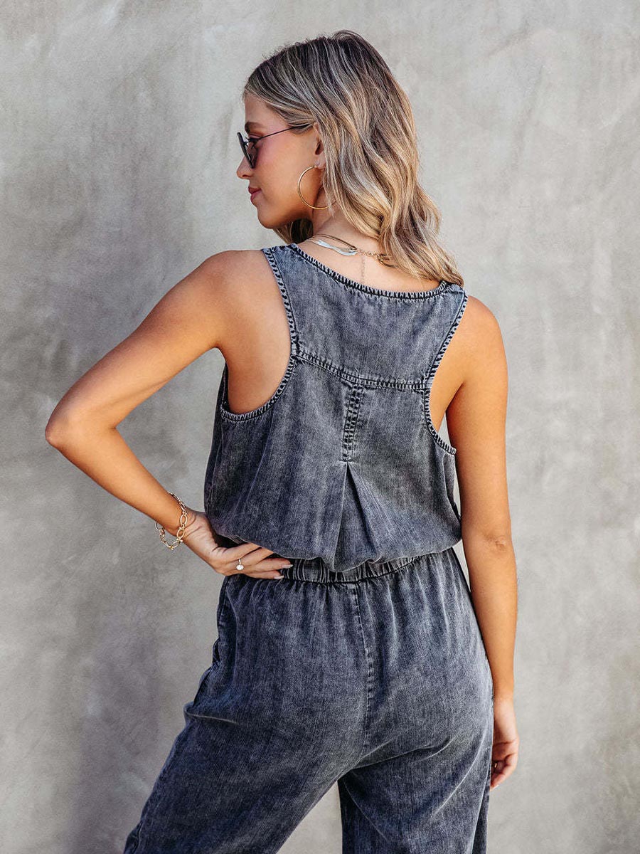 Lunimesd Drawstring Waist Distressed Denim Tank Jumpsuit