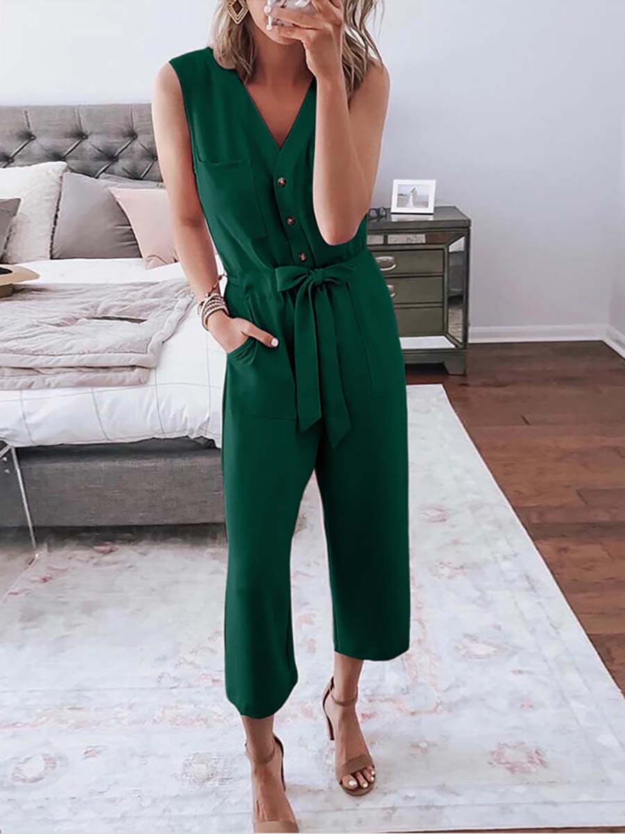 Lunimesd Buttoned Sleeveless Cropped Jumpsuit With Sash