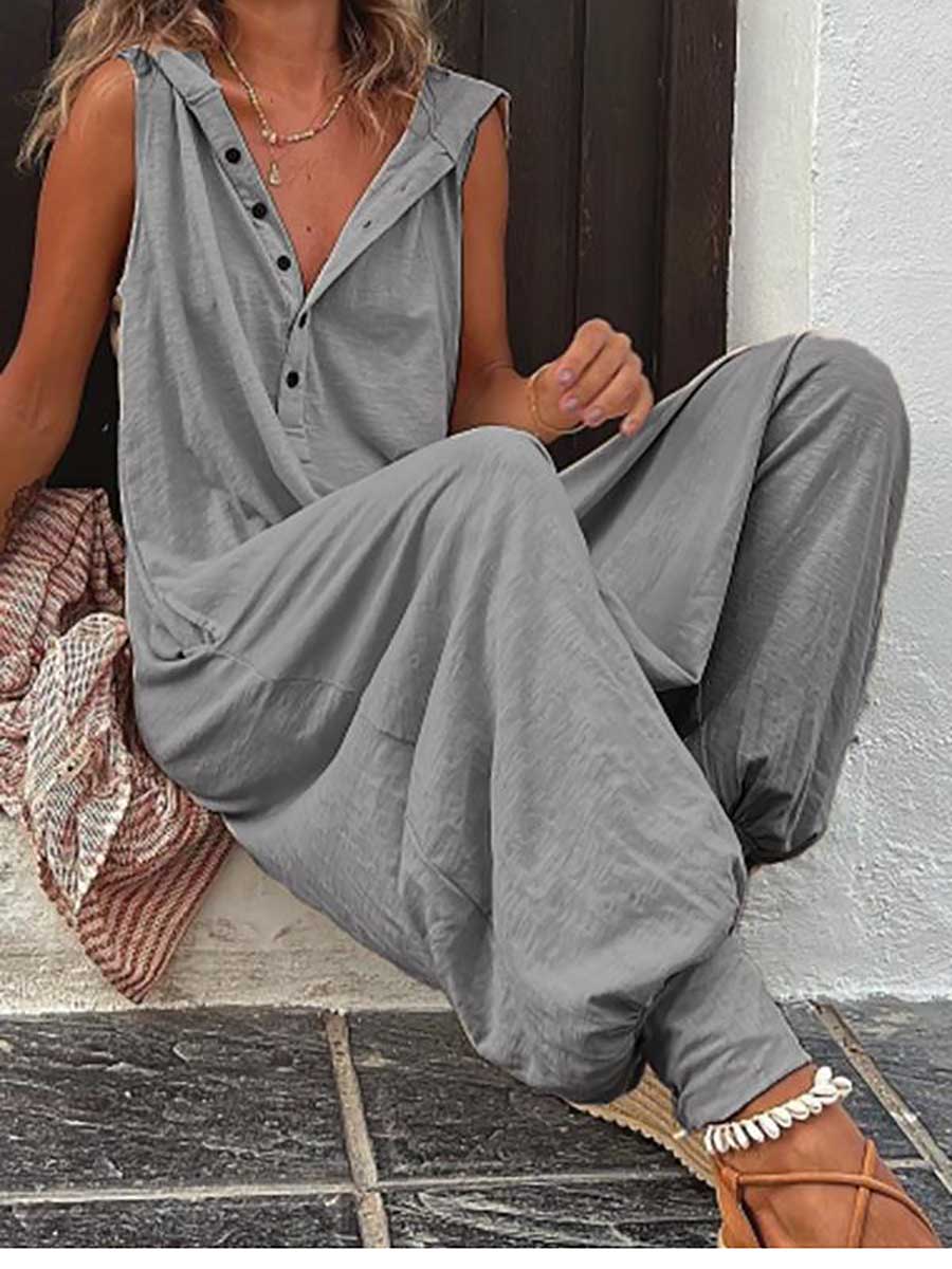 Lunimesd Buttoned Hooded Sleeveless Pants Jumpsuit