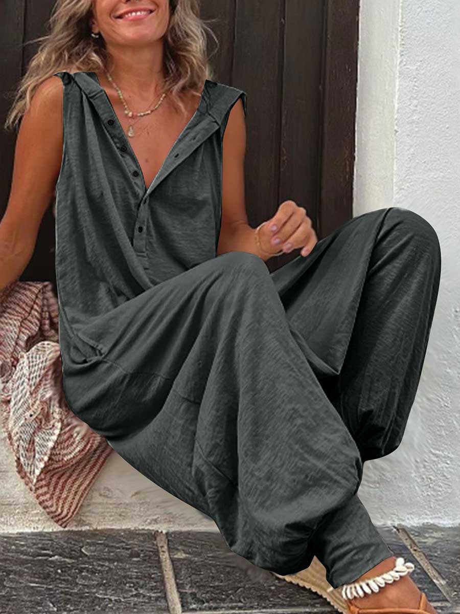 Lunimesd Buttoned Hooded Sleeveless Pants Jumpsuit