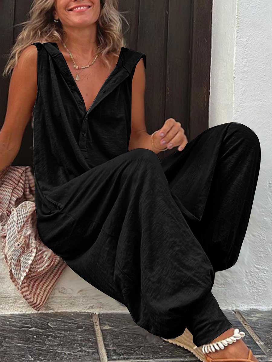 Lunimesd Buttoned Hooded Sleeveless Pants Jumpsuit